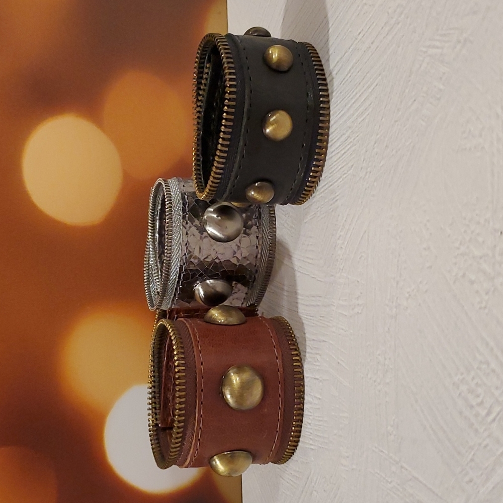 Set of 3 faux leather studded snap bracelet cuffs open zipper trim Stack 'EM!